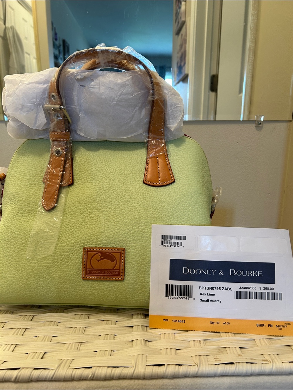 Dooney & Bourke Key Lime Pebbled Leather Satchel with Tan Trim